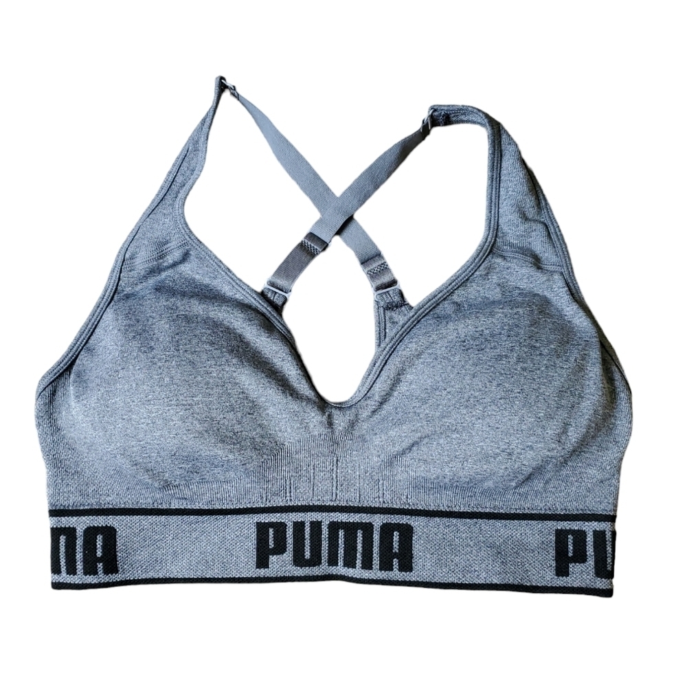 Puma Adjustable Strap Athletic Exercise Sports Bra Gray Black Size M - Picture 2 of 5